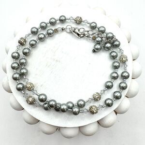 Sterling Silver Gray Faux Pearl Faceted Crystal Beaded Necklace 19.5” Bridal